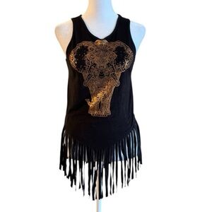 Belle du Jour Black Elephant Graphic Fringe Tank Top Size XS Boho Festival Style